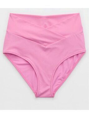 AERIE High Waisted Bikini Bottoms Sz M Rose Pink Full Coverage Crossover Band